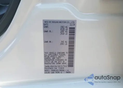 2025 Nissan Altima Sv Fwd из США, поврежденный, VIN 1N4BL4DV1SN343702